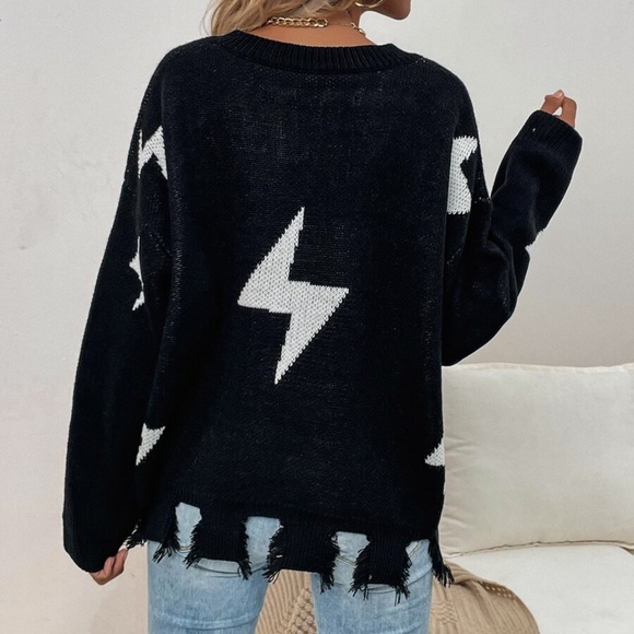 Black Thunder Bolt V neck Oversized Knit Sweater - Picture 4 of 5